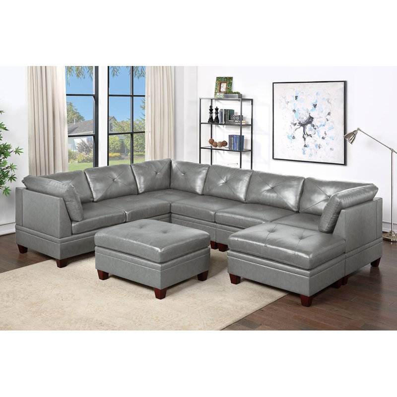 F&L Homes Studio 132'' Wide Genuine Leather Reversible Modular Corner